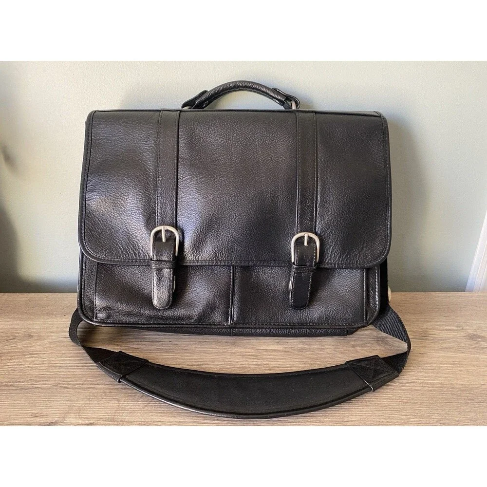 Wilson Black Leather Satchel Messenger Bag Laptop Computer Commute MINT